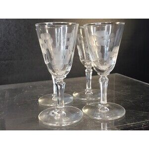 4 Vintage Crystal Clear Optic Stemmed Cordial Liqueur Glasses Etched Floral